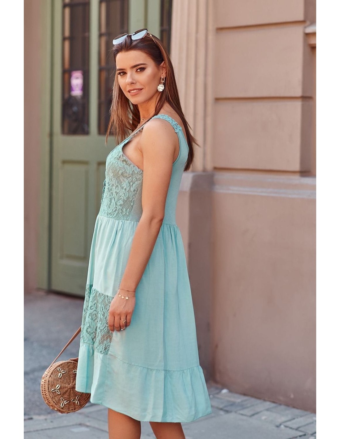 Rochie cu dantela in fata, verde 22120 - Magazin online - Boutique